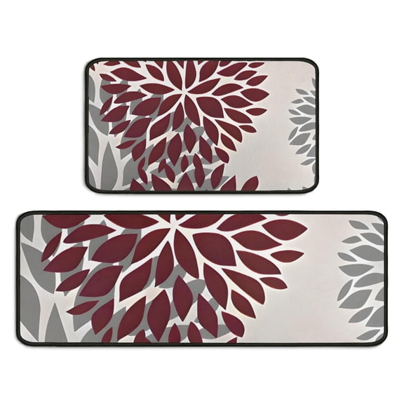Red and Gray Floral Pattern Kitchen Rugs Sets Of 2,Anti Fatigue Kitchen Mat Rugs Non Slip Washable,Decorative Kitchen Floor Mats for Kitchen,Sink,Laundry,17"X30" 17"X47"