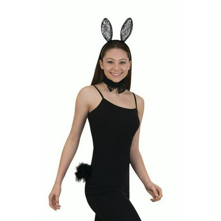 Womens Lace Bunny Accessory Set Ear Headband Choker Tail Costume Halloween Kit