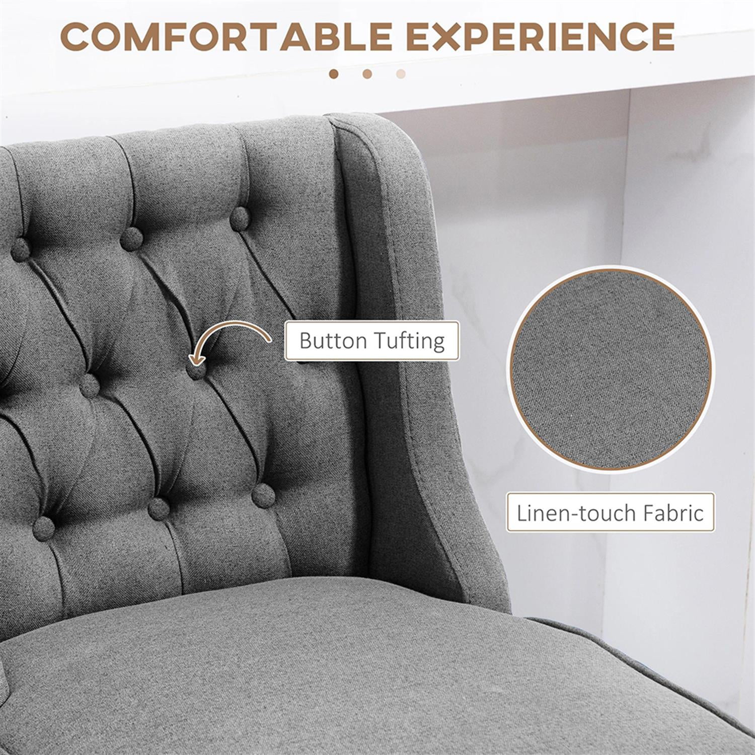 Demi Bonn 180 Degree Swivel Bar Stool Set of 2, Modern Cushioned Bar 27" Seat Height Stool with Linen Upholstery, Button Tufted Back and Solid Wood Legs, Gray