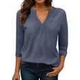 thumbnail image 2 of eczipvz Womens 3/4 Length Sleeve Tops 2025 Summer V Neck Tee Shirts Dressy Casual Work Tunic Blouses Spring Clothes(Dark Blue,2XL), 2 of 6