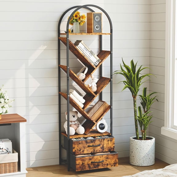 6-Tier Tree Bookshelf with 2 Fabric Drawers, 55.1 in Tall Narrow Storage Shelf with Anti-Tip Kit for Home Office, Bedroom, Living Room,Black Brown