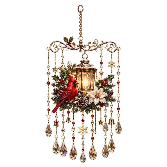 Christmas Cardinal Lantern Acrylic Suncatcher Wind Chime, Window Hanging Decor, 8.66 in