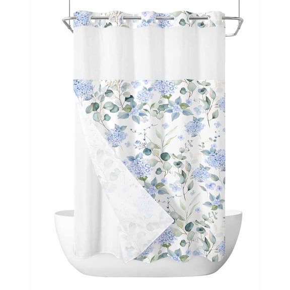 No Hook Cloth Fabric Shower Curtain with Snap in Liner, Blue Flower Waterproof Shower Curtains Set with See Through Top Window, Sage Green Eucalyptus Leaf Farmhouse Country Bath Curtains 54"x78"