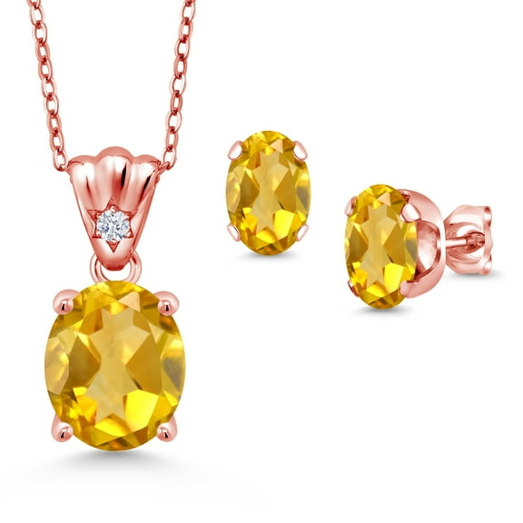 18K Rose Gold Plated Silver Yellow Citrine and White Zirconia Pendant and Earrings Jewelry Set for Women (5.83 Cttw, Gemstone Birthstone, Oval 11X9MM and 8X6MM with 18 inch Silver Chain)