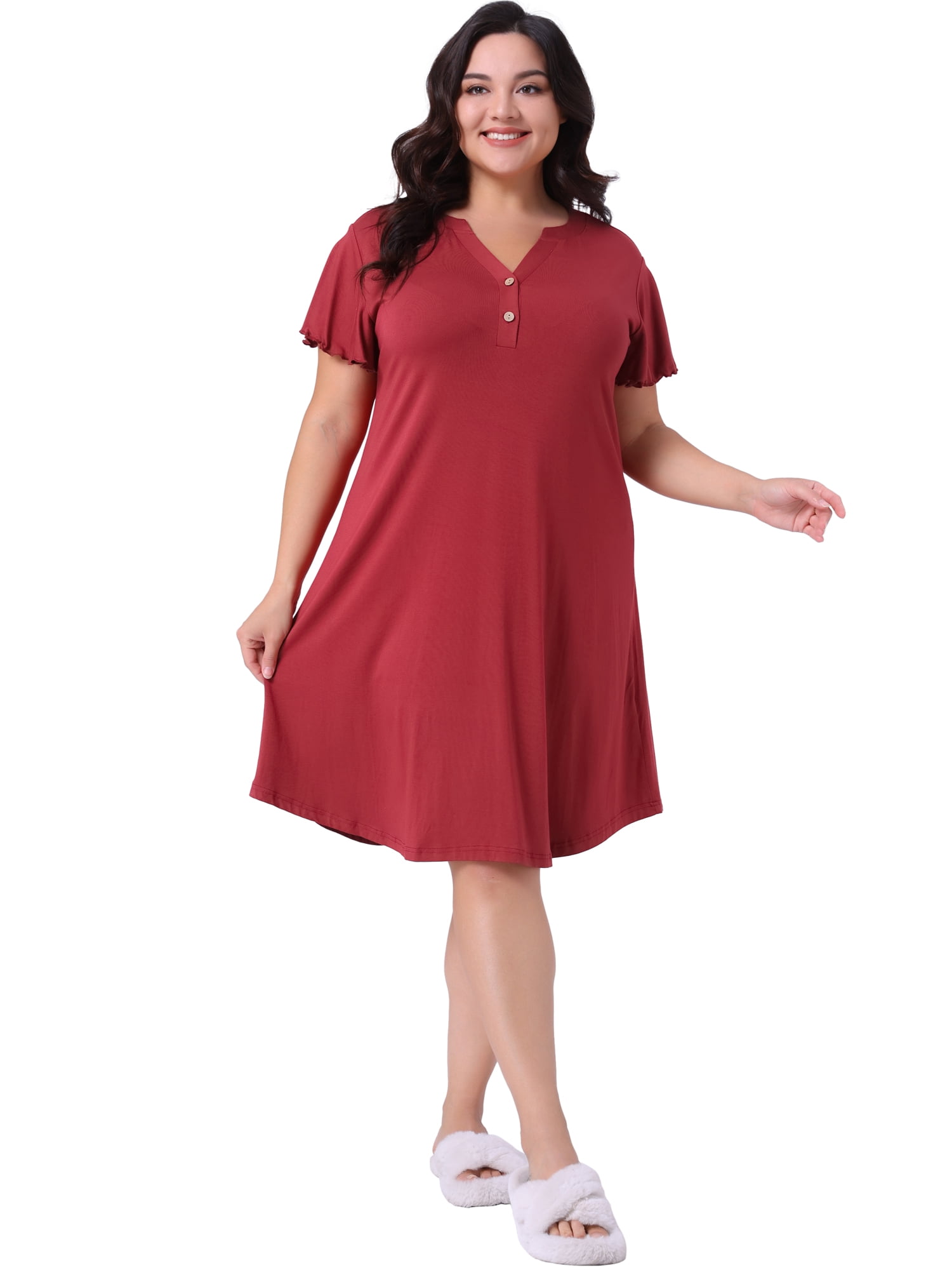 DARING DIVA Women's Plus Size V Neck Ruffle Short Sleeve Nightgowns 1X Burgundy