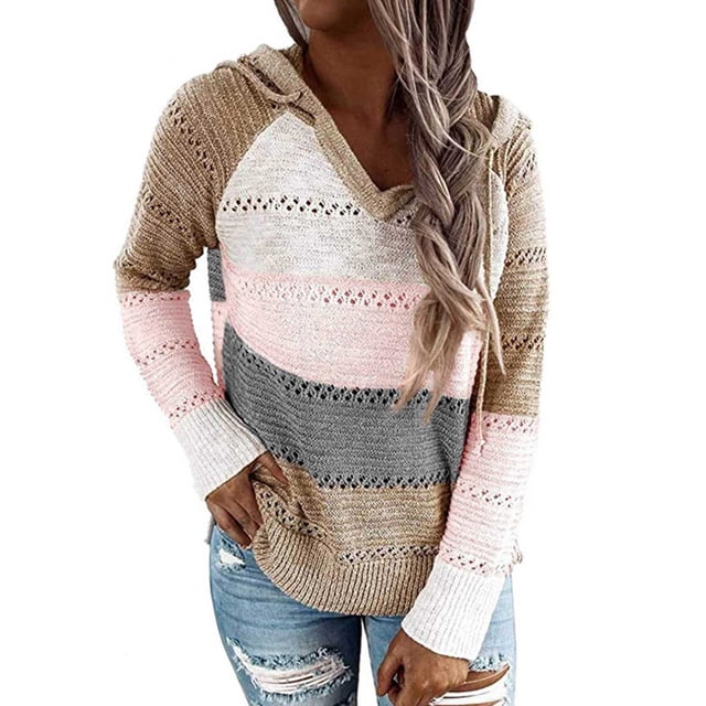 Suéter de manga larga de punto con bloques de color para mujer: comodidad diaria, ajuste holgado, sudadera con capucha rosa suave de fibra de poliéster