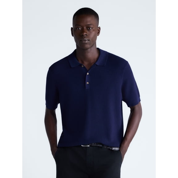 Free Assembly Men's Textured Polo Sweater with Short Sleeves, Lightweight, Sizes XS-3XL