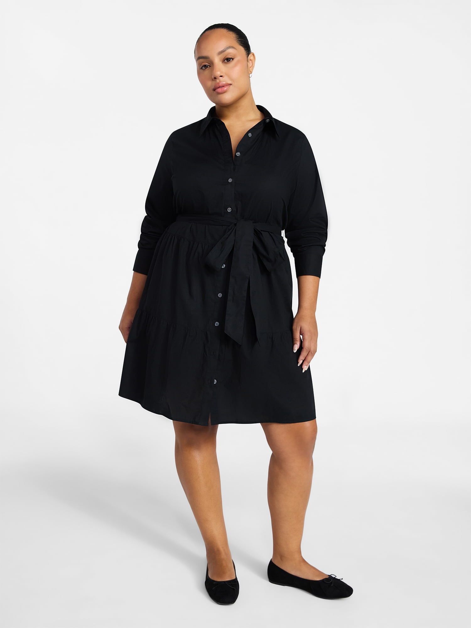 Terra & Sky Women's Plus Size Tiered Shirt Dress with Long Sleeves, Sizes 0X-5X