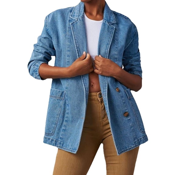 Bexdxz Women's Fashion Lapel Denim Blazer Jacket, Long Sleeve Open‑Front Casual Business Office Jean Coat with Pockets, Loose Fit Trendy Outerwear Blue M
