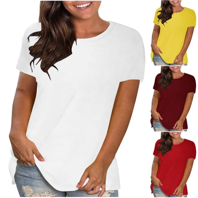 Eiyaclvo Plus Size Tops for Women Summer Crew Neck T-Shirt Ladies Solid Basic Tees Casual Business Work T-Shirts