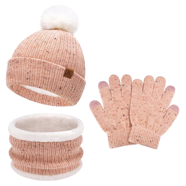 FZ FANTASTIC ZONE Toddler Kids Winter Hats Touchscreen Gloves Scarfs Set Pompom Beanie Caps Neck Warmer with Fleece for 5-8 Years Old Baby Girls Boys Gifts, Gloves, Red