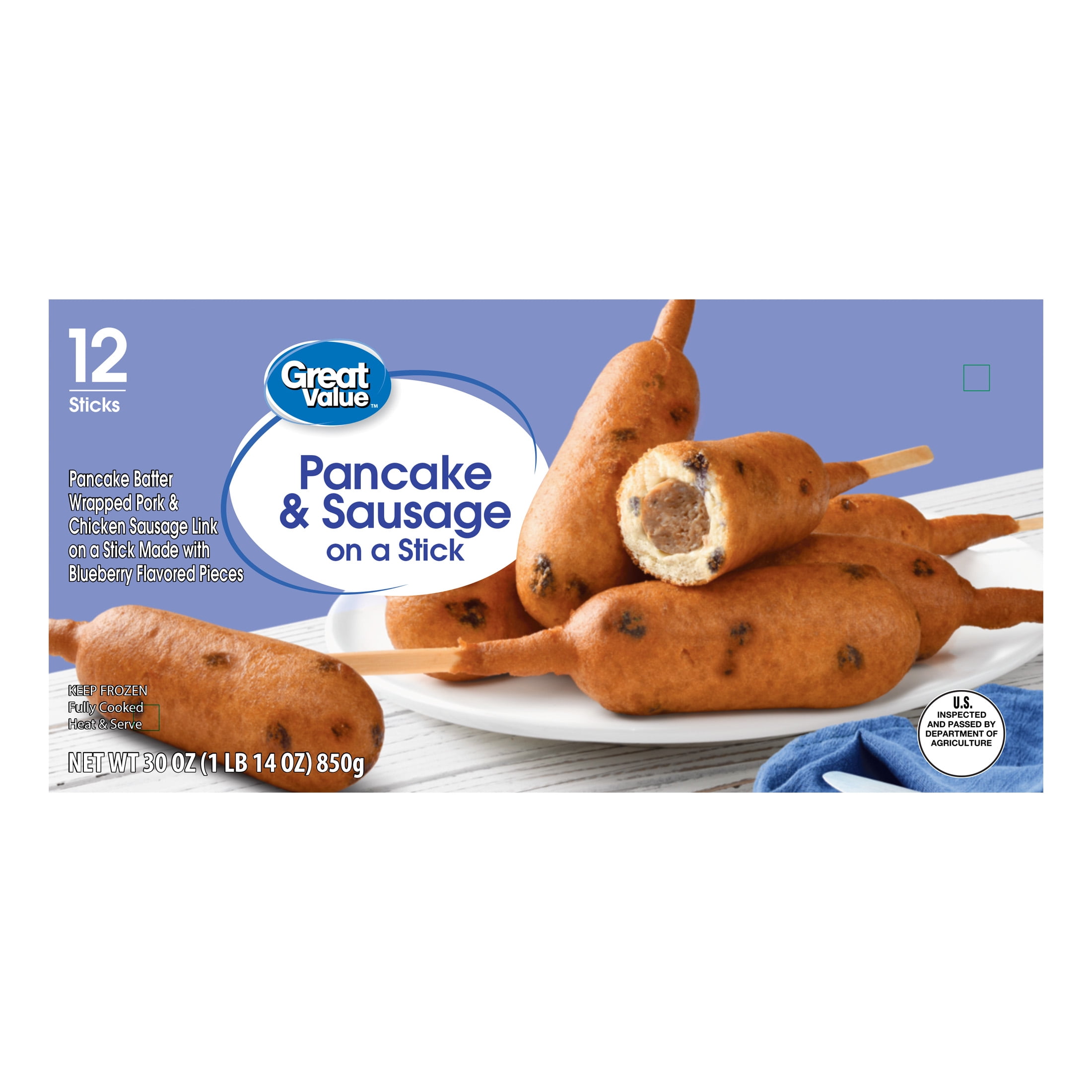 Great Value Blueberry Pancakes and Sausage on a Stick Box, 30 oz, 12 Count (Frozen).