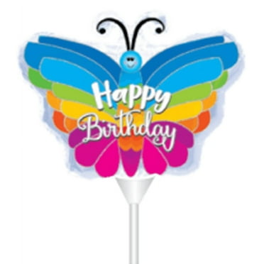 STICK BALLOON HBD RAINBOW BUTRFLY 