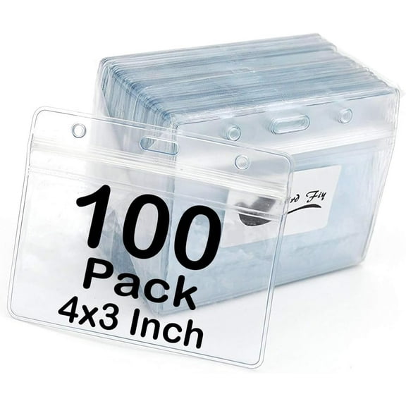 Name Tag Badge ID Card Holders 100 Pack (Horizontal, 4 x 3 Inches),Clear Plastic Premium Badge Holder