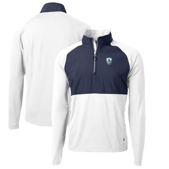Men's Cutter & Buck White/Navy Los Angeles Chargers Adapt Eco Knit Hybrid Recycled Quarter-Zip Throwback Pullover Top