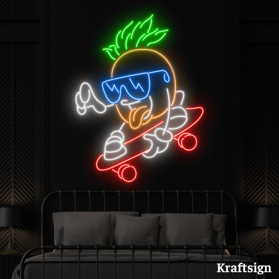 Craftnamesign Pineapple Skate Neon Sign, Skateboard Shop Sign,Summer Decor