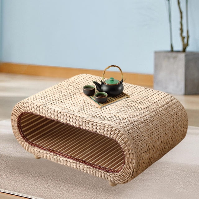 Mesa de centro de ratán y paja de madera, mesa de comedor pequeña, mesa de juego interactiva multiusos, mesa de ventana de tatami rústica para porche, 80x50x35cm