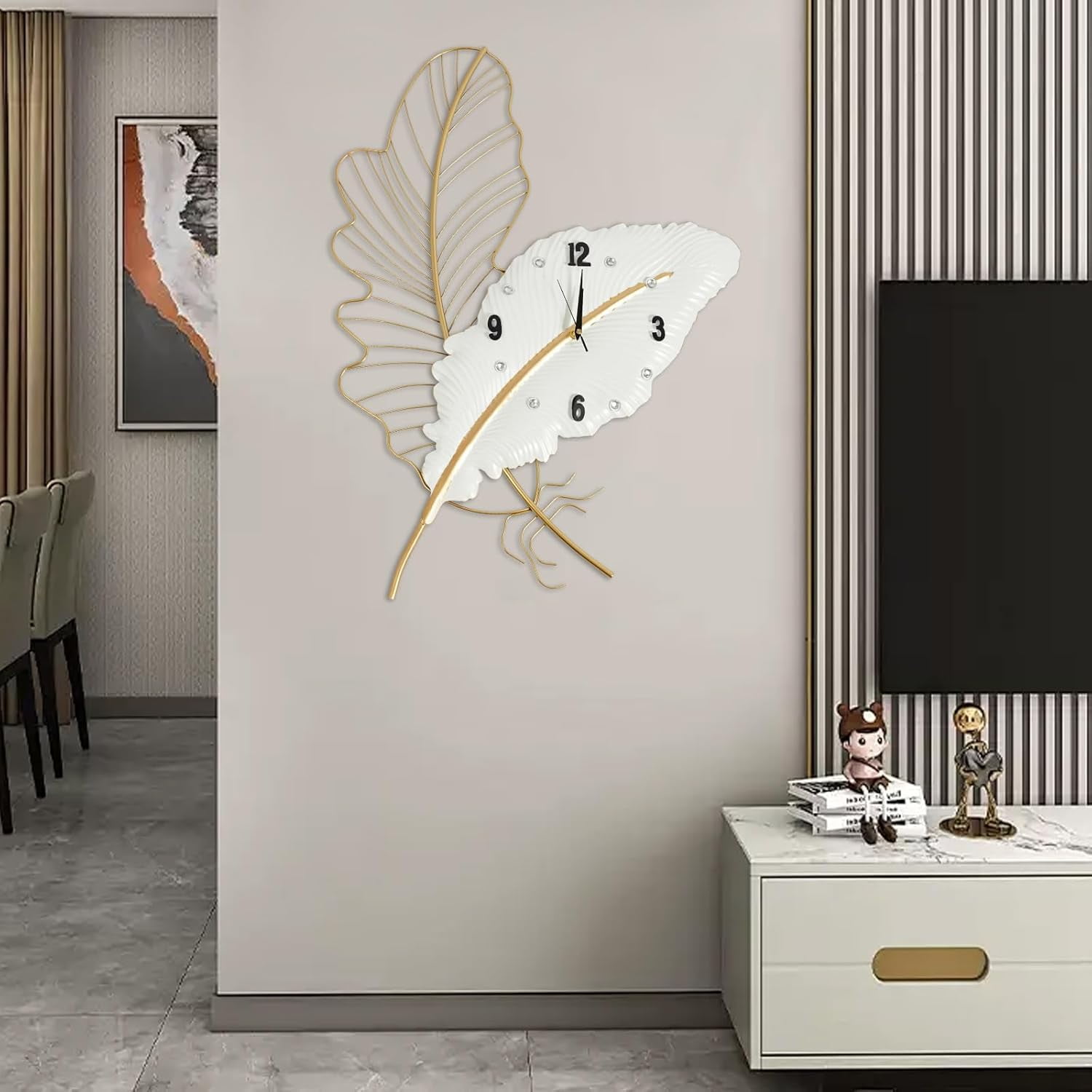 Modern 30inch Large Wall Clock Metal Feather Wall Clock Decorate with Sweep-Second Silent, Wall Clocks for Living Room, Bedroom, Dining Room, Office,