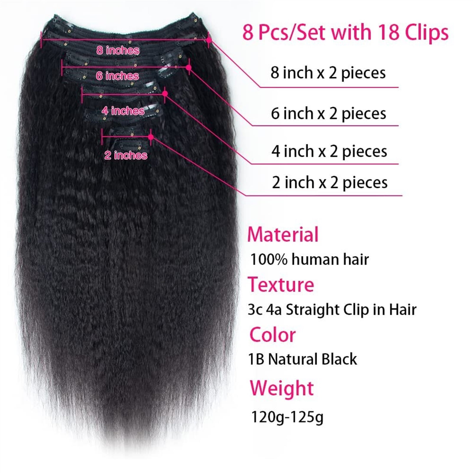 Kinky Straight Clip In Hair Extensions Human Hair Clip In Extensions for Black Women #1B Natural Hair Black Kinky Yaki Straight Clip In Brazilian Virgin Human Hair 8Pcs