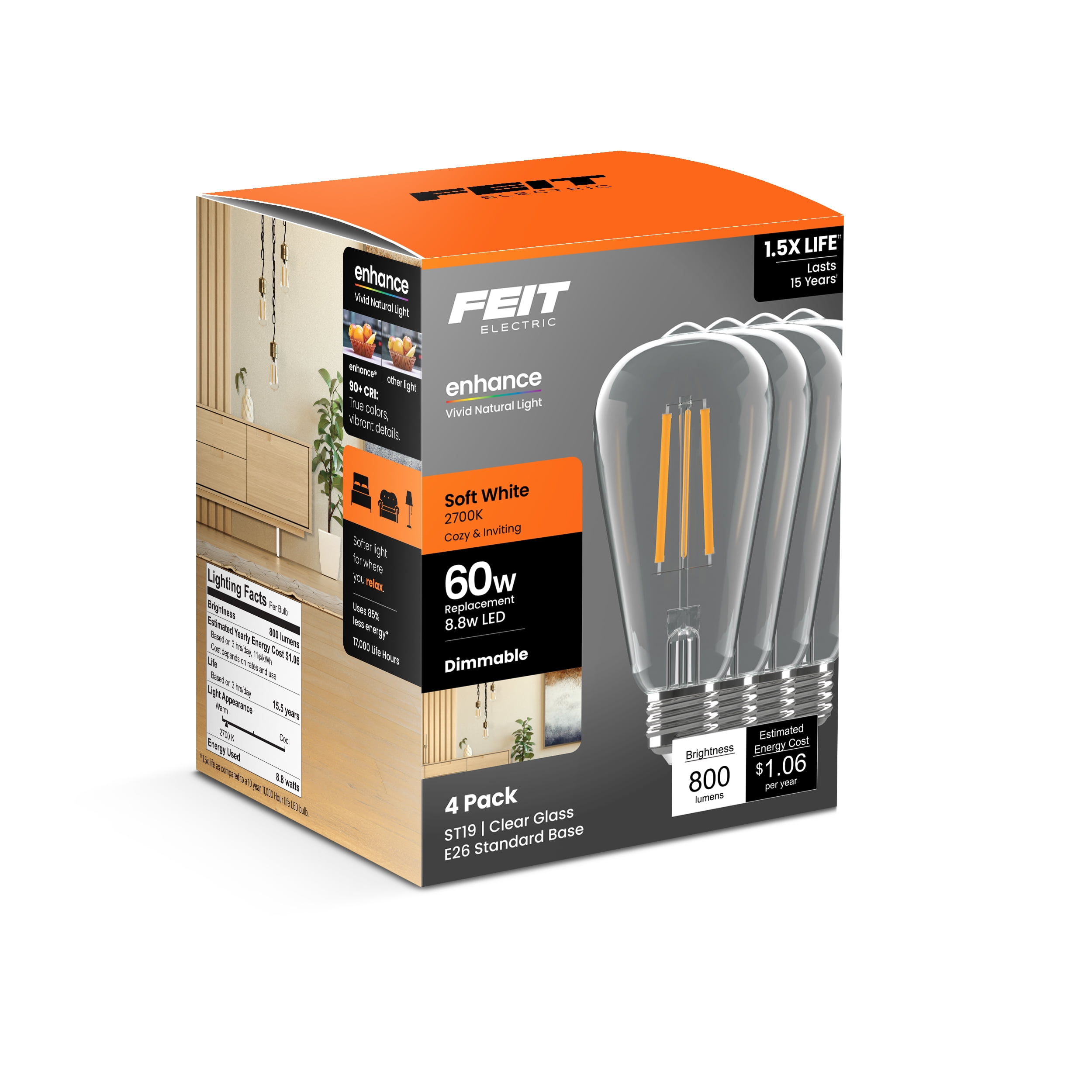 Feit Electric ST19 LED 8.8W (60W Equivalent) Soft White (2700K), Medium E26 Base, Clear Glass Filament, Dimmable Light Bulb 4 Pack