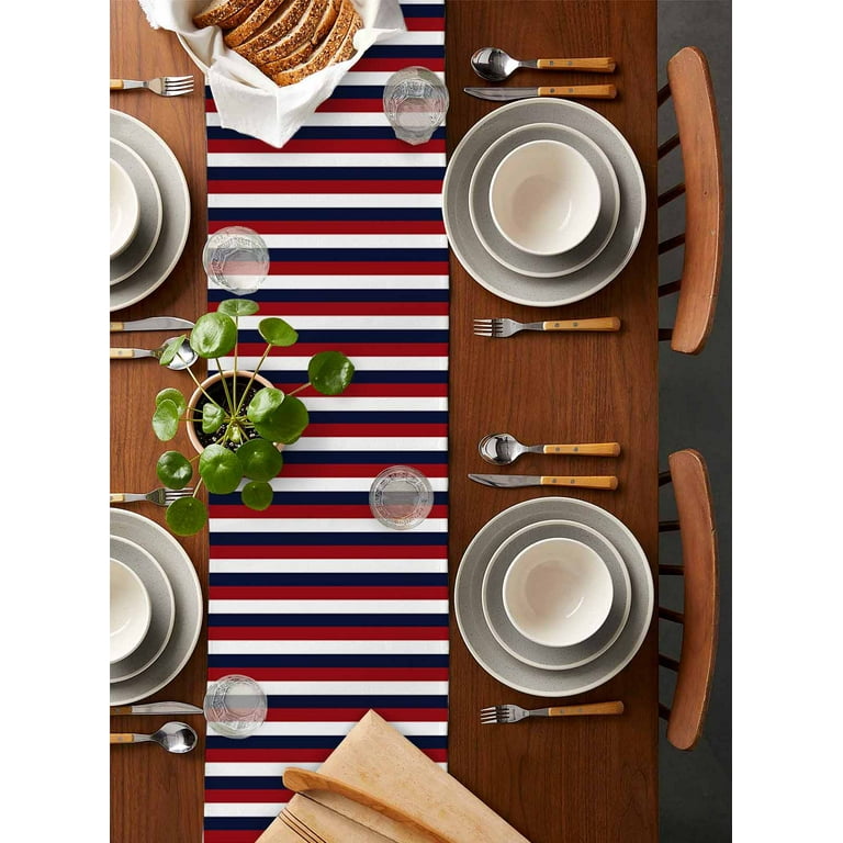 Patriotic Table Runner - Red White Blue Stars 13x48 Inch Linen For 4th Of July & Memorial Day Decor