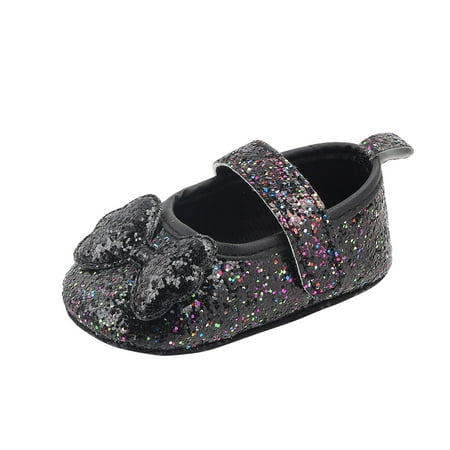 

Xfvqtps Baby Girls Walking Shoes Bling Shiny Bow Cute Non-slip Soft Sole Cotton Prewalker Toddler Shoes Fashion Sequins Bottom Sandals Black