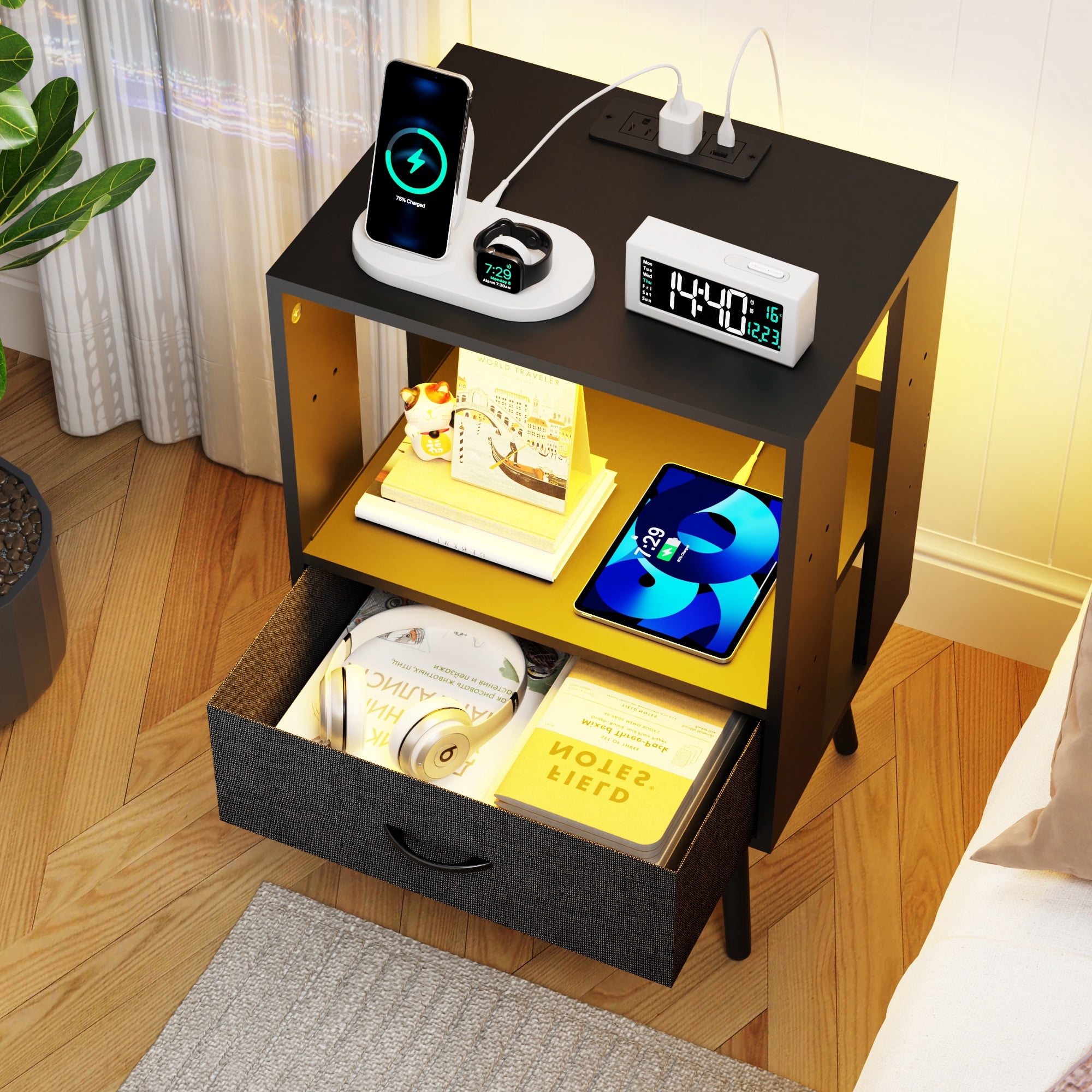 Nightstand Set of 2, Holaki Nightstand with Charging Station for Bedroom, Night Stand with LED Light & Fabric Drawers, Dresser Bedside Table for Living Room, Black