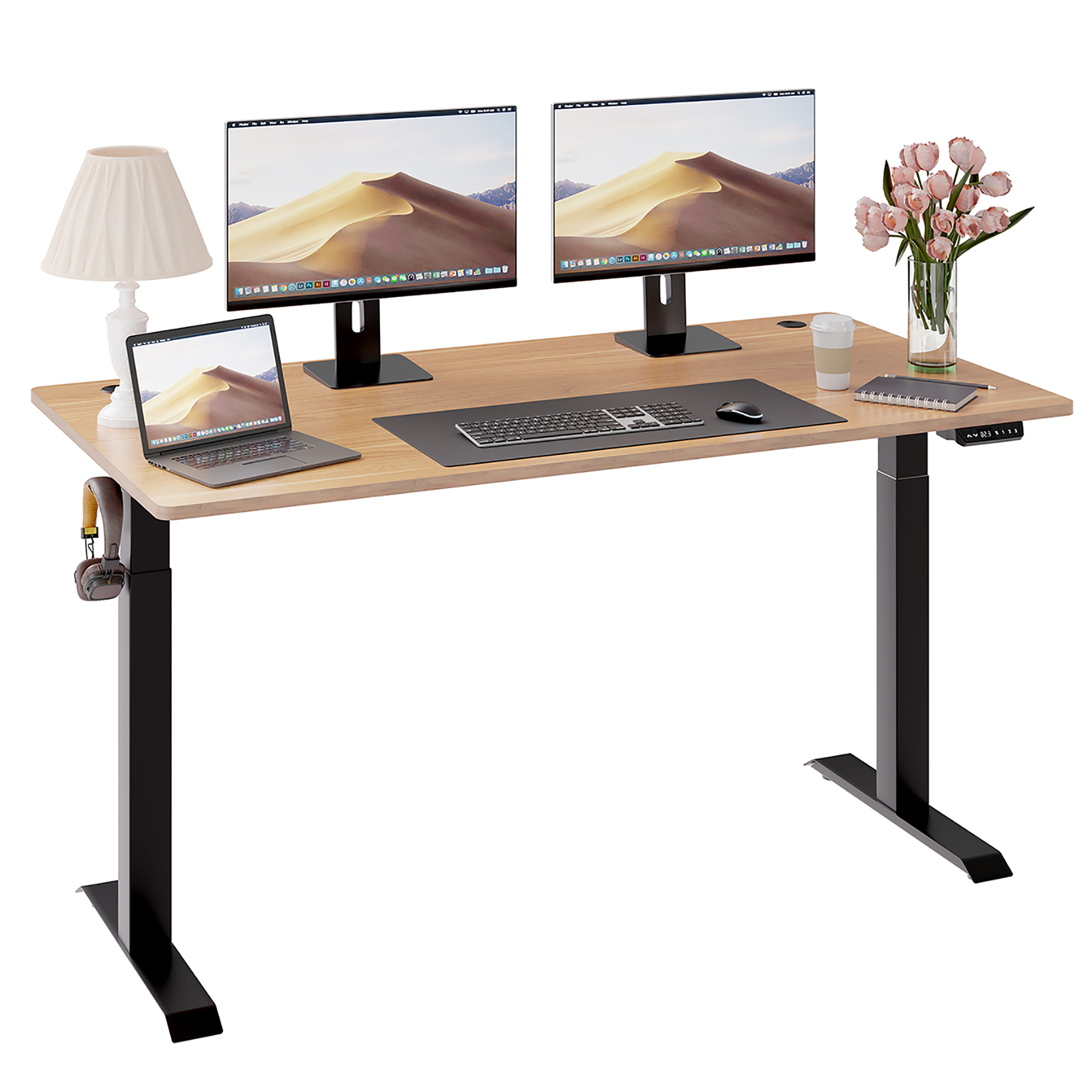 Sobaniilo 63'' x 24'' Electric Height Adjustable Standing Desk, Sit Stand Home Office Stand Up Desk(Black Frame + Bamboo Top)