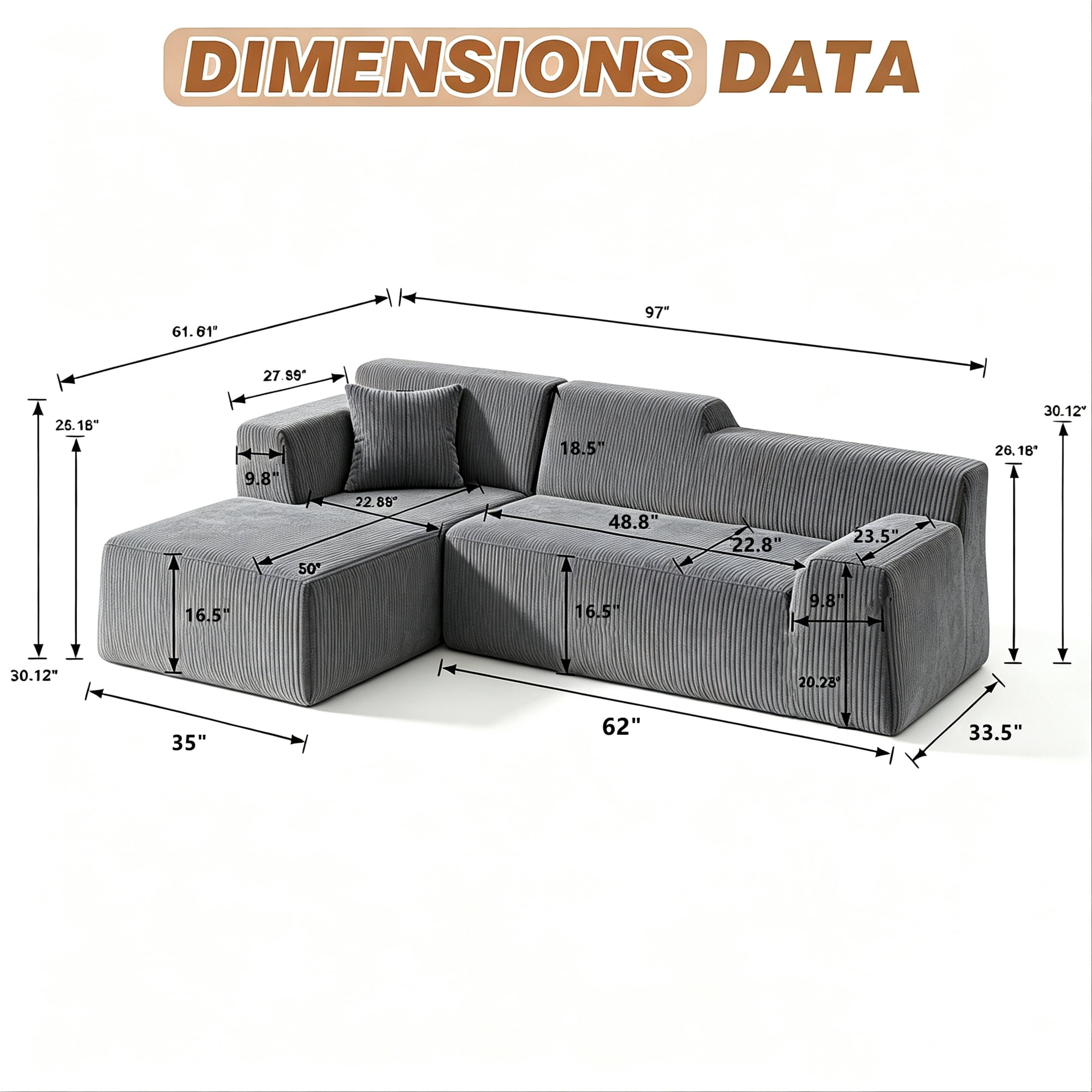 Aukfa 97" Cloud Sectional Sofa Tight Back Boneless Couch Modular L-Shaped Couch, Left Chaise Corduroy Sofa for Living Room, Gray