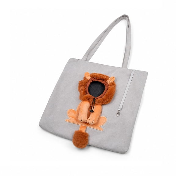 Cute Cartoon Animal Peek‑A‑Boo Cat Carrier Tote Bag, Head‑Out Canvas Polyester Pet Shoulder Tote, Portable Hands‑Free Travel Carriers for Small Cats & Puppie, #Gray Lion