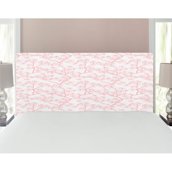 Nature Headboard, Pattern with Soft Spring Branches Flourishing Flowers and Leaves Feminine Print, Upholstered Decorative Metal Bed Headboard with Memory Foam, Full Size, Coral White, by Ambesonne