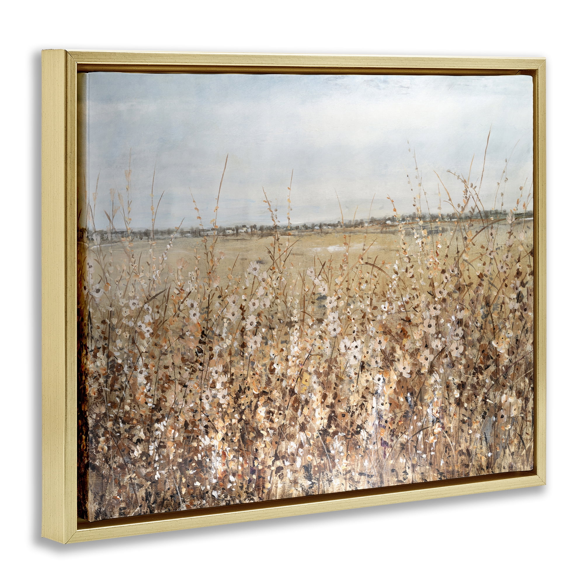 Stupell Industries Solemn Neutral Meadow Landscape & Nature Painting Gold Floater Framed Canvas Art Print Wall Art, 21 x 17