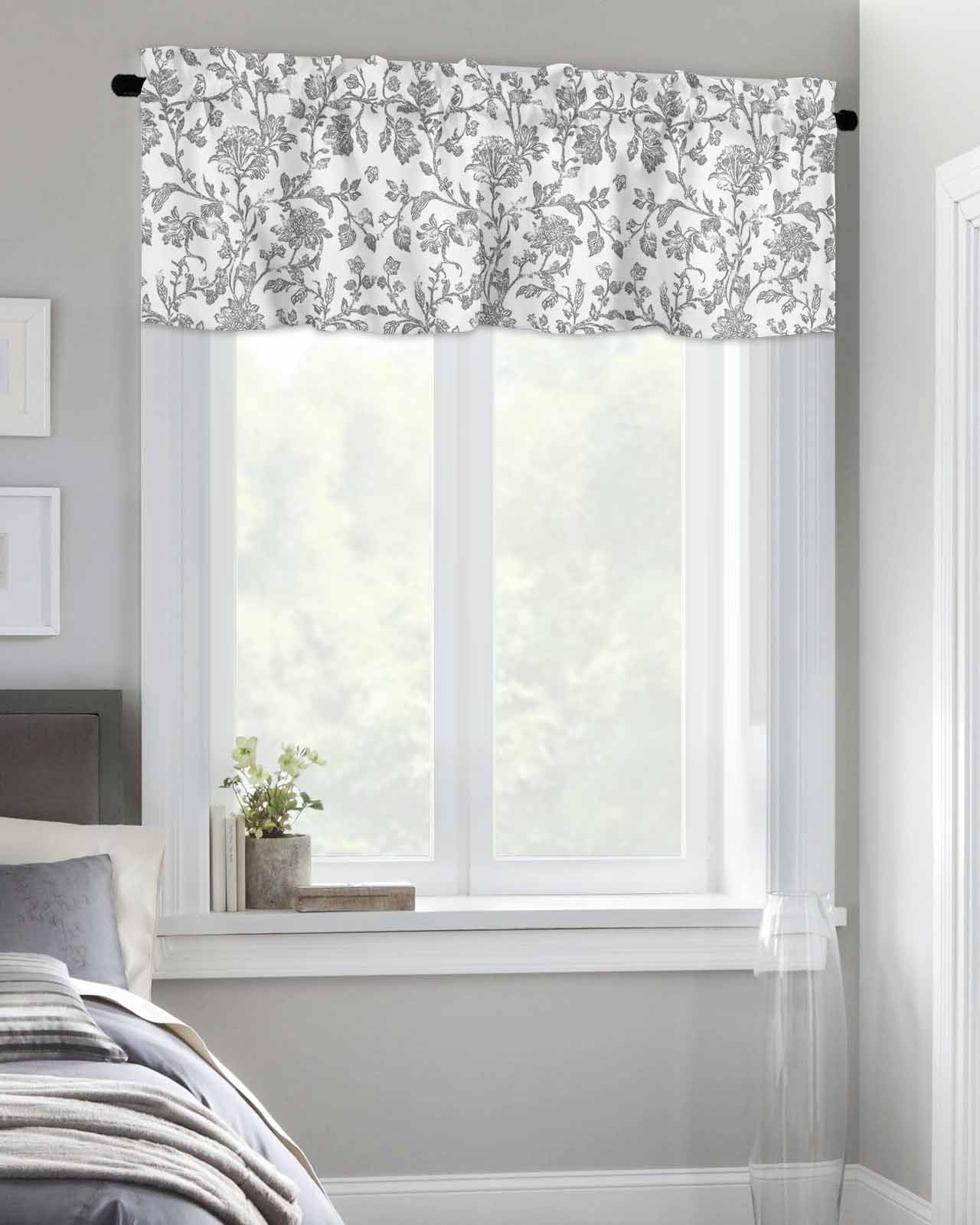 Retro Light Grey Farmhouse Floral Curtain Valances for Kitchen Windows,Rod Pocket Short Valance Pastoral Flowers Window Treatment for Living Room Bathroom Bedroom,42" x 18"-1 Panel