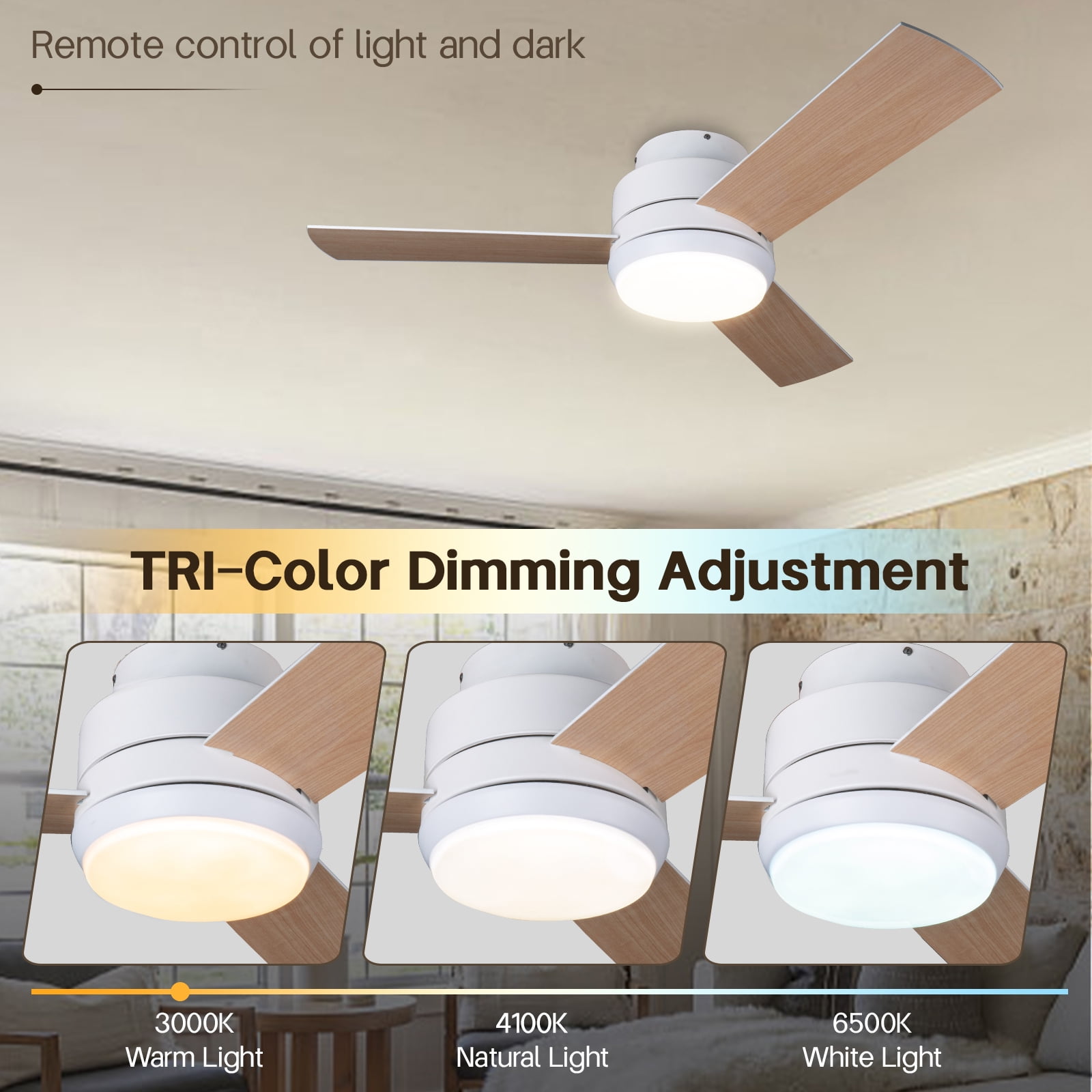 Surnie Ceiling Fans with Lights, 42 inch Low Profile Ceiling Fan with Light and Remote Control, Flush Mount, Reversible, 3CCT, Dimmable, Noiseless, White Ceiling Fan for Bedroom, Indoor/Outdoor Use