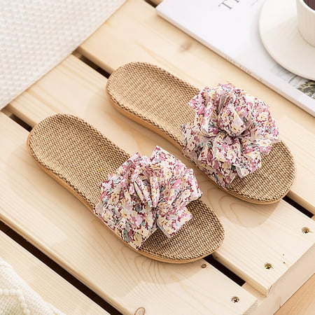 

〖Yilirongyumm〗 Purple 37-38 Sandals Women Slippers For Women Female Flower Decoration Upper Slippers Bohemia Linen Slippers Flip Flops Beach Shoes Flax Sandals