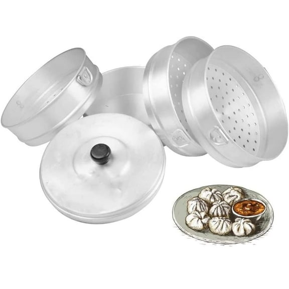 Aluminium Momos Maker & Steamer With Lid & Handles - Silver, 7 Liters | Induction & Gas Stove Friendly - 4 Tier Multi Use Steamer | Suitable For Home, Restaurant & Party - Durable & Dishwasher Safe