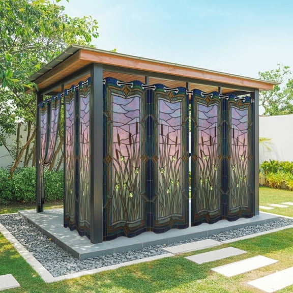 Outdoor Curtains for Patio Waterproof, Stained Glass Windproof Pravicy Outside Porch Blackout Curtain, Vintage Abstract Botanical Plant Sun Blocking Grommets Curtains for Cabana Gazebo 54"x108"