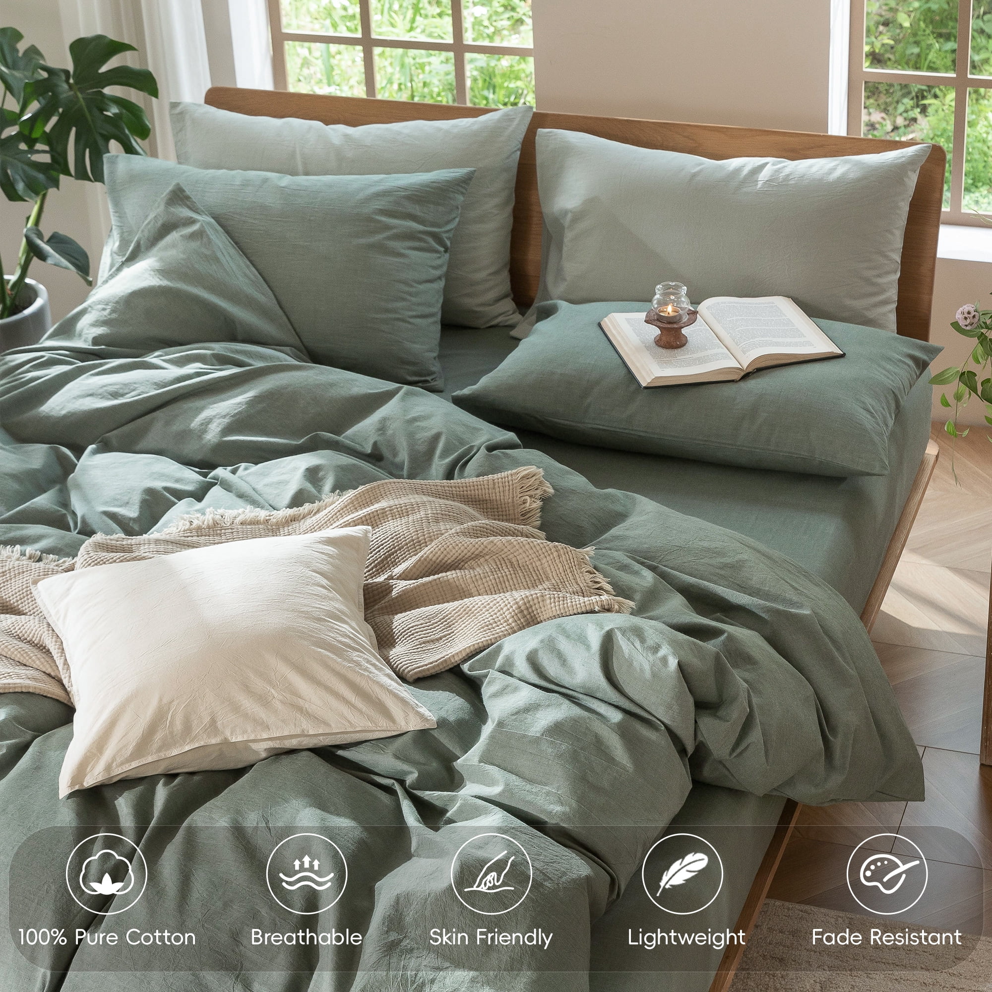 MooMee 100% Washed Cotton Duvet Cover Set King Linen Like Textured Breathable 3-Piece (Heathered Green, 104" x 90")