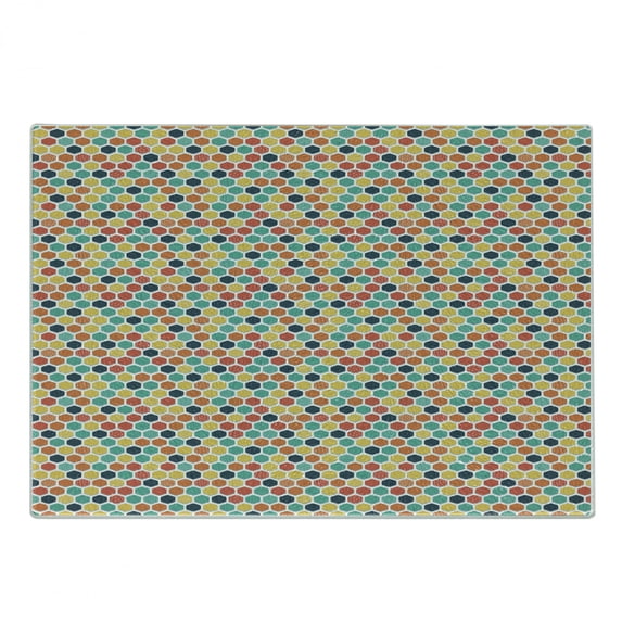Colorful Cutting Board, Pattern with Multicolored and Dotted Hexagons Retro Style Geometric Design Print, Decorative Tempered Glass Cutting and Serving Board, in 3 Sizes, by Ambesonne