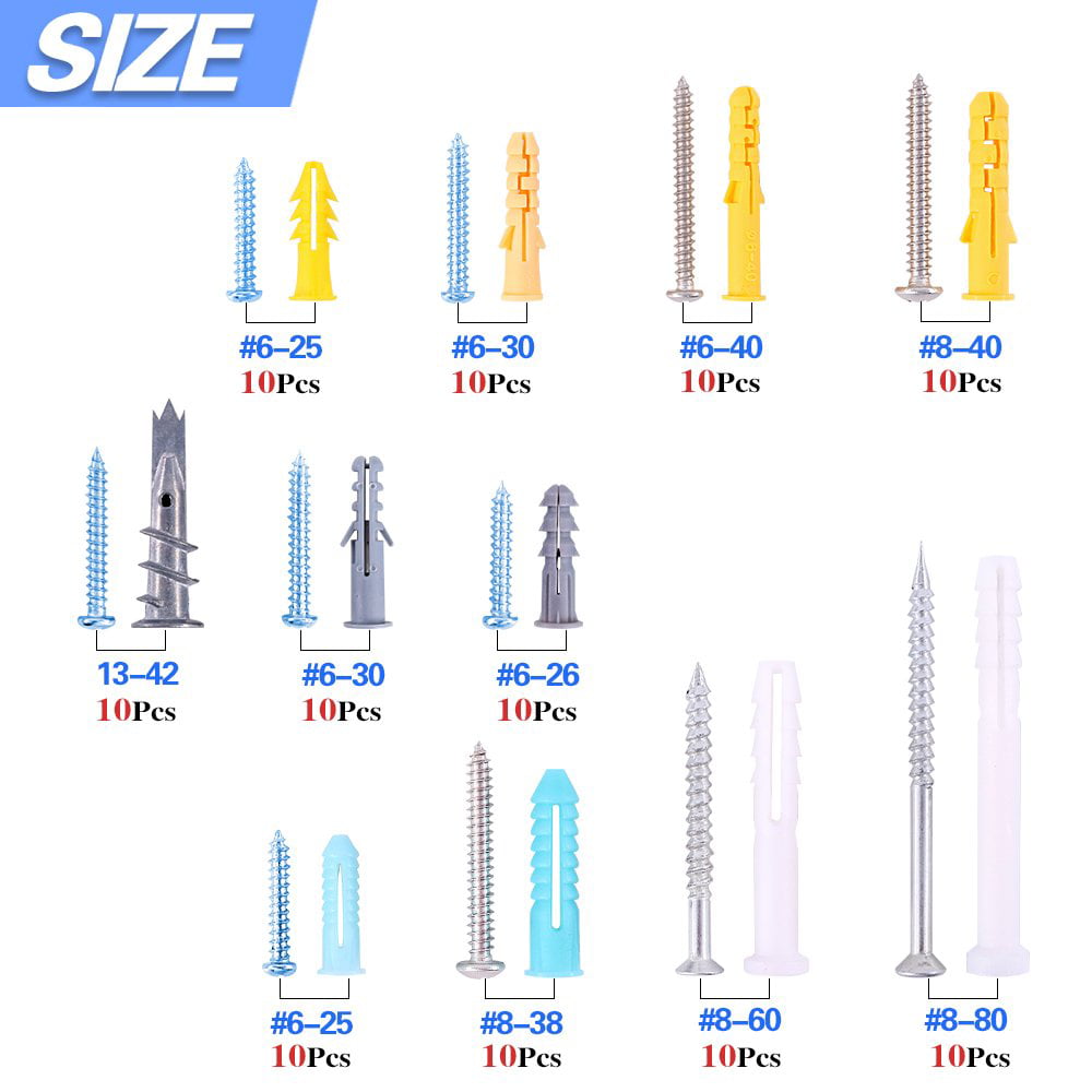 220 Pieces Plastic Self Drilling Drywall Ribbed Anchors Assortment Kit for Drywall Hollow-Wall Hanging Wall Shelf or Blinds Drywall Anchors and Screws 