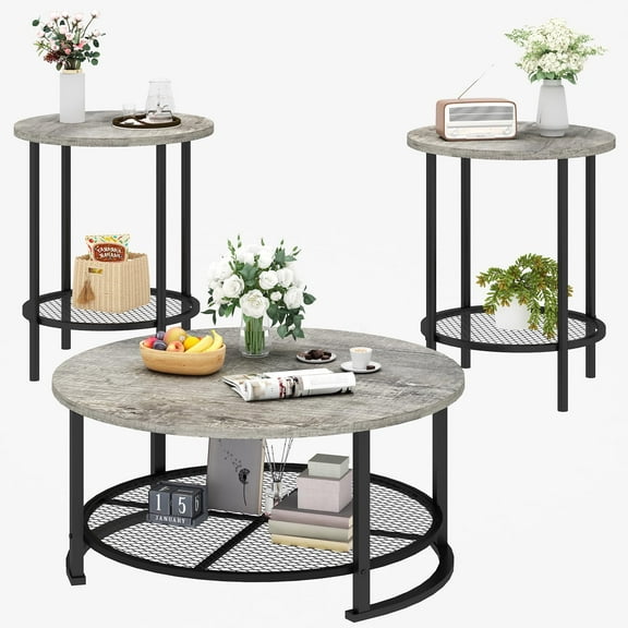 Furlinkhm 3-Piece Coffee Table Sets for Living Room, Round Coffee and End Table Set of 3 with Double-Layer Large Storage, Modern Farmhouse Furniture for Apartment Home Office, Gray