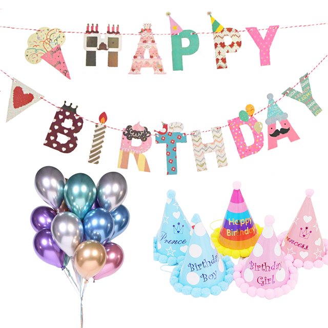 100PCS Latex Balloon Decorative Party Balloon with Birthday Banner & 5 Cone Hat