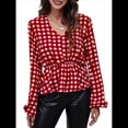 thumbnail image 3 of Top de Larga para Mujer, Jersey Fino, Cuello en V, Abullonada, Babydoll, Ligero, de Poliéster Cuadrícula Roja L, 3 of 10