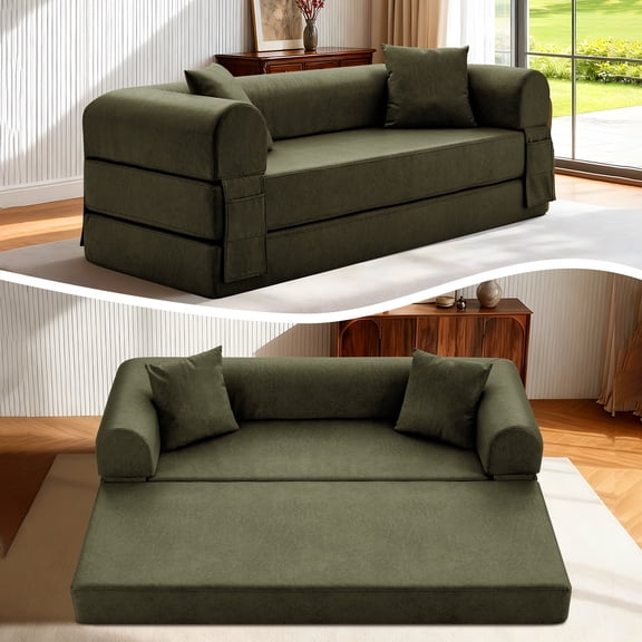 4-in-1 Folding Convertible Sofa Bed, 78 Inch Oversized Faux Leather Boneless Couch, Loveseat Sleeper with Pull Out Bed, Floor Sofa Modular Futon Teddy Sofa for Living Room Bedroom Lounge, Green