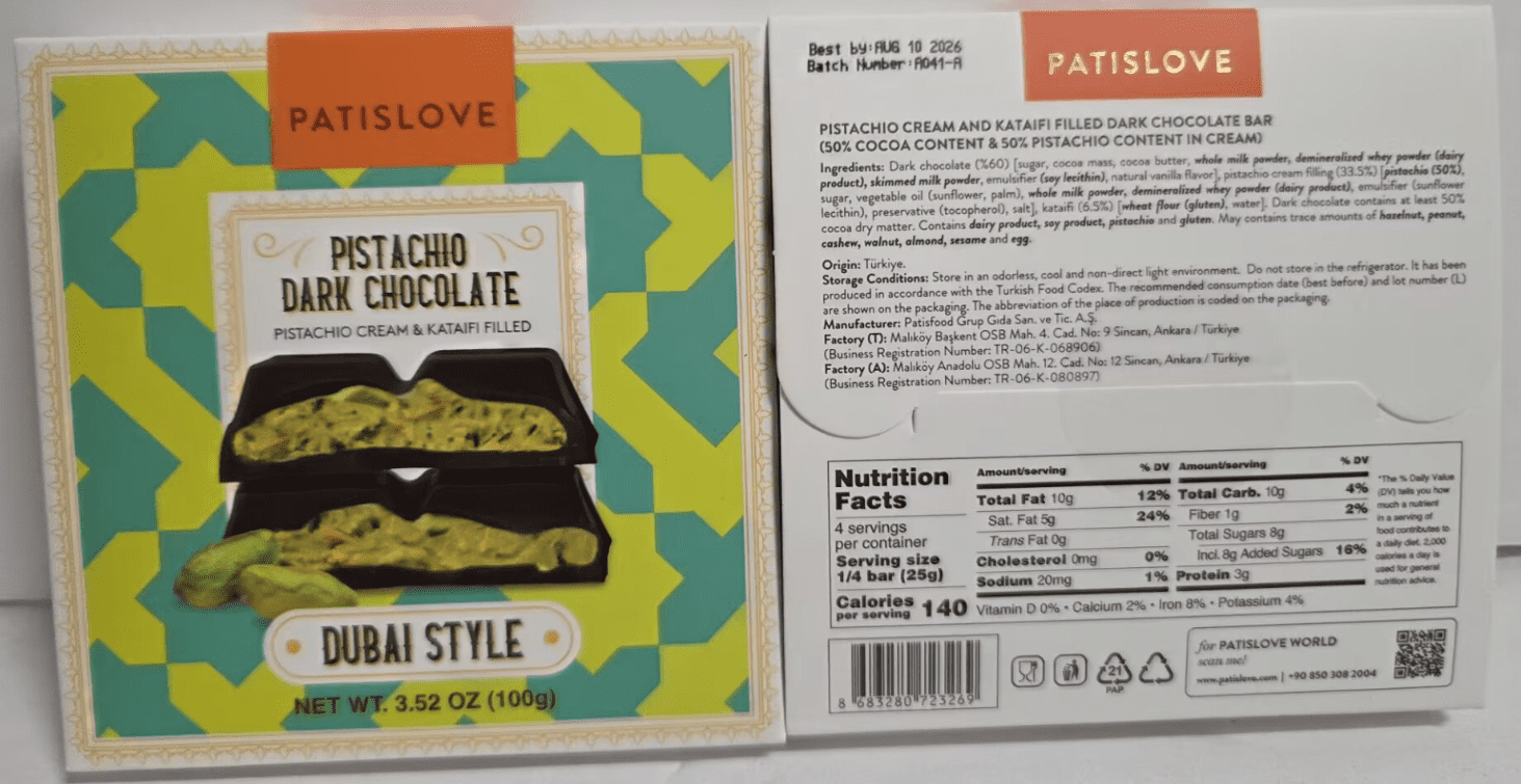 Patislove Pistachio Dark Chocolate Dubai Style 3.52oz 100g (2 Packets)