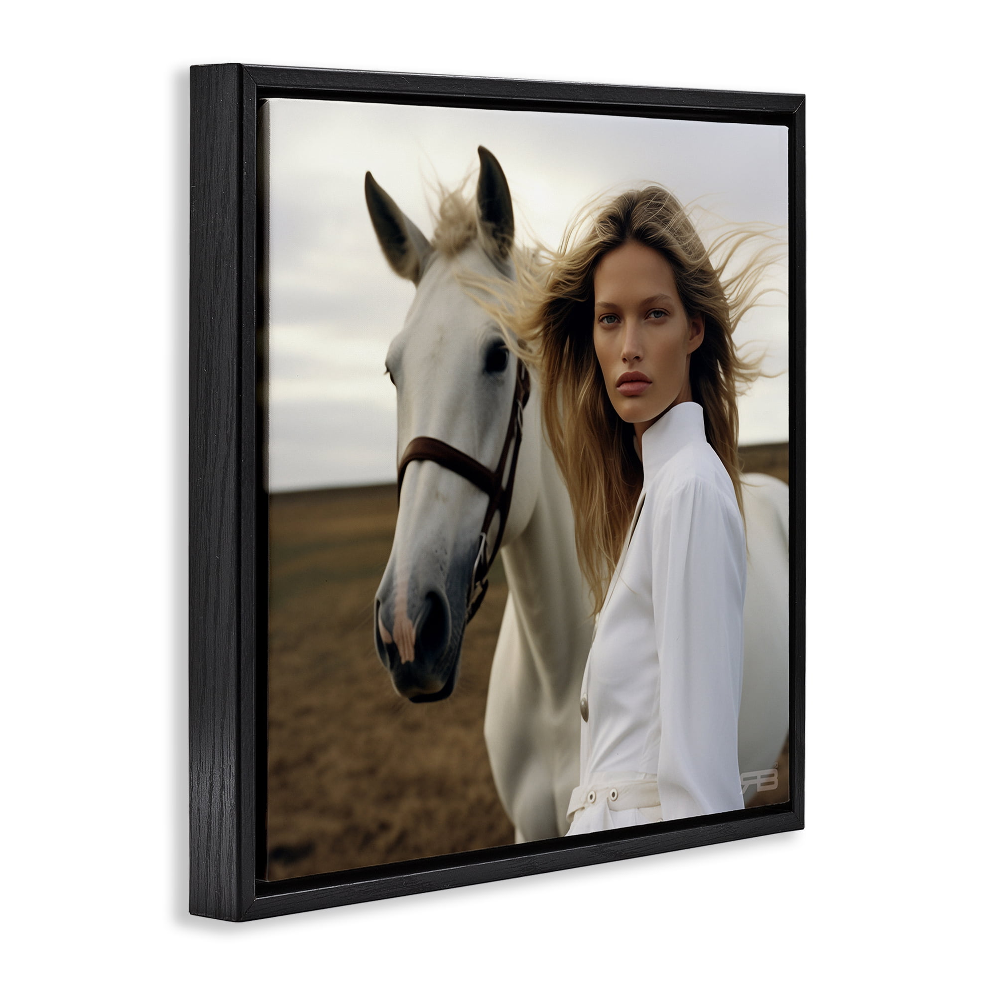 Stupell Industries Girl in White with Horse People Painting Black Floater Framed Canvas Art Print Wall Art, 25 x 25
