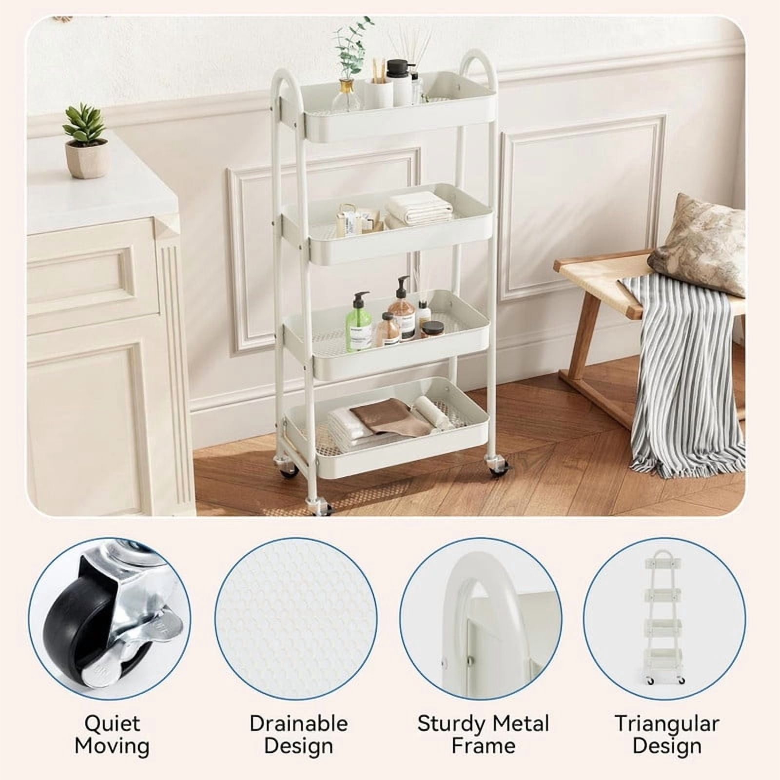 Kelno 4 Tier Rolling Cart Metal Utility Storage Cart Mobile Storage Organizer with Lockable Wheels,White