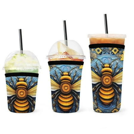 

Set of 3 Packs Reusable Hot And Iced Coffee Cup Sleeve Neoprene Tumbler Sleeve Watercolor Bumblebee Yellow Sunflowers(16 24 32oz)