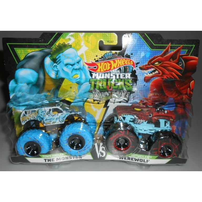 Hot Wheels Monster Trucks Roarin Rumble Town Hauler The Monster vs Hotweiler Werewolf 2 Pack