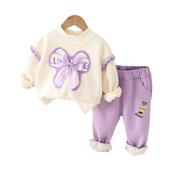 Odeerbi Toddler Boys Girls Fleece Cotton Outfits Young Children Bow Ruffle Tops Clothes Soft Warm Pajamas Children's Holiday Birthday Gift Purple 2-2.5 Years